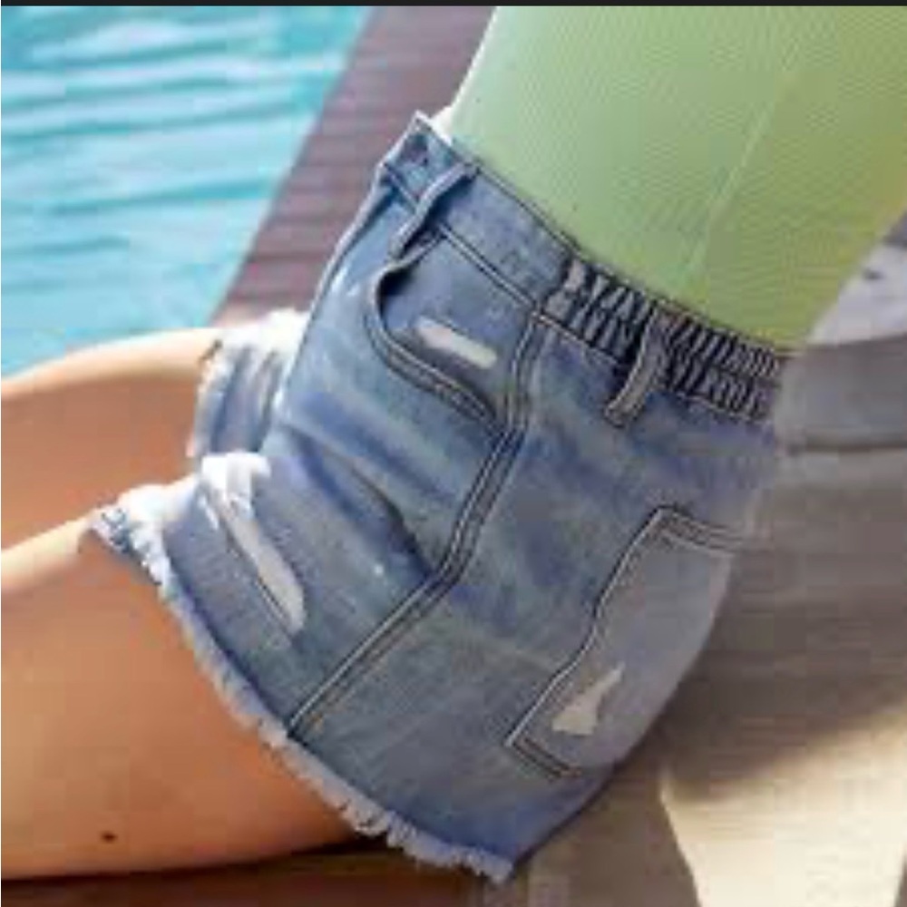 aerie Light Blue Distressed Denim Shorts w/ Elastic Waistband